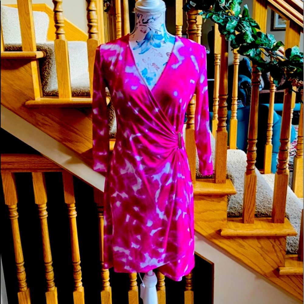 Calvin Klein Violet faux wrap dress with gold side buckle.